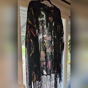 NEW Dolls Kill Black Floral Kimono with Fringe